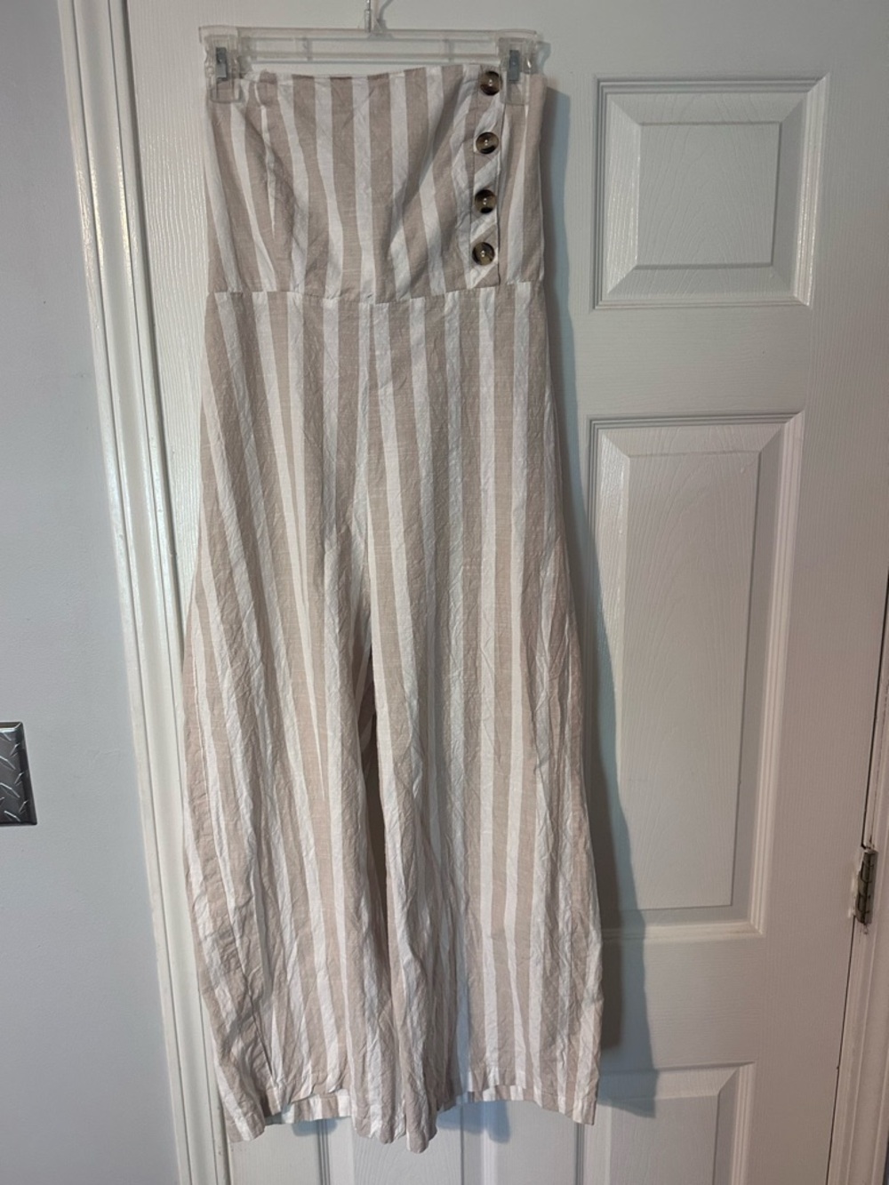 Beige & White Strapless Vertical-Stripe Jumpsuit with Side Buttons Size M
